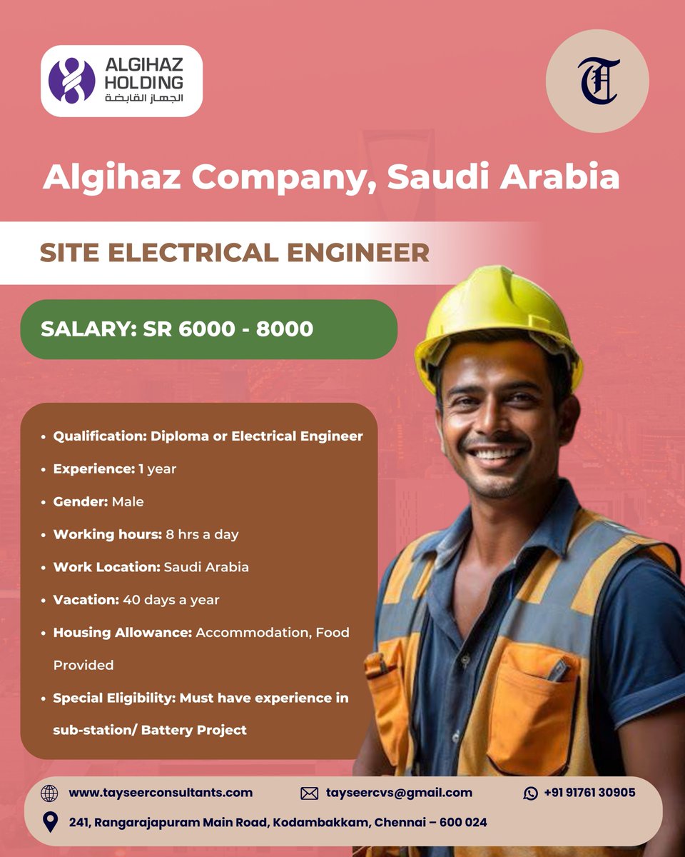 tayseerpvtltd's tweet image. We’re looking for a Site Electrical Engineer at Algihaz Company in Saudi Arabia. apply today and be part of our team.

📧 tayseercvs@gmail.com
🌐 tayseerconsultants.com
📞 +91 91760 45613

#siteelectricalengineer #electricaljobs #engineeringcareers #saudijobs #constructionjobs
