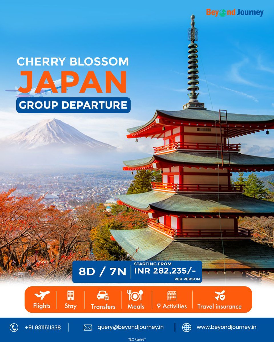 beyondjourneyin's tweet photo. Unveil Japan’s Magic – 8-Day Cherry Blossom Tour! ✨ Stroll under sakura, explore Tokyo &amp; Osaka, enjoy a tea ceremony &amp; Hiroshima’s history! 
📅 March 18-27 | 💰starting From ₹282,235/- 
💬 Comment "Departures" for more details! 

📞 +91 9311511338 |📧 query@beyondjourney.in https://t.co/Kcp2Sc41hH