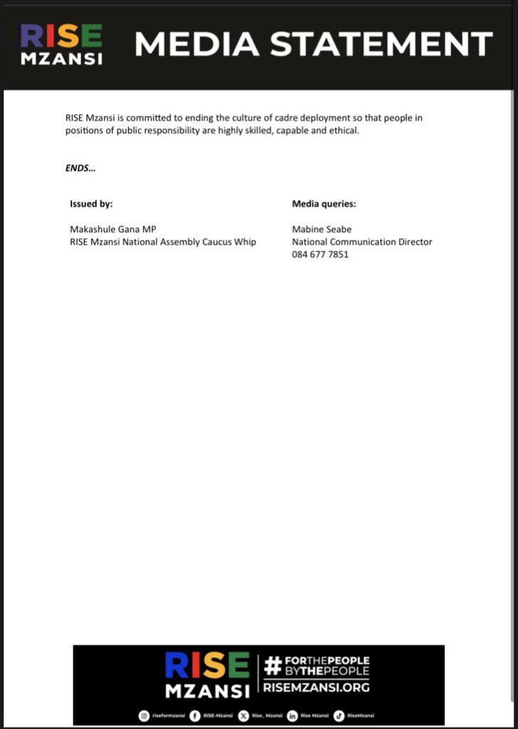 [MEDIA STATEMENT] 

RISE Mzansi has asked the Portfolio Committee on Transport to address a scathing News24 report alleging impropriety and interference by Deputy President Paul Mashatile, Transport Minister Barbara Creecy, and the ANC in the SAA CEO shortlisting. 

The Committee