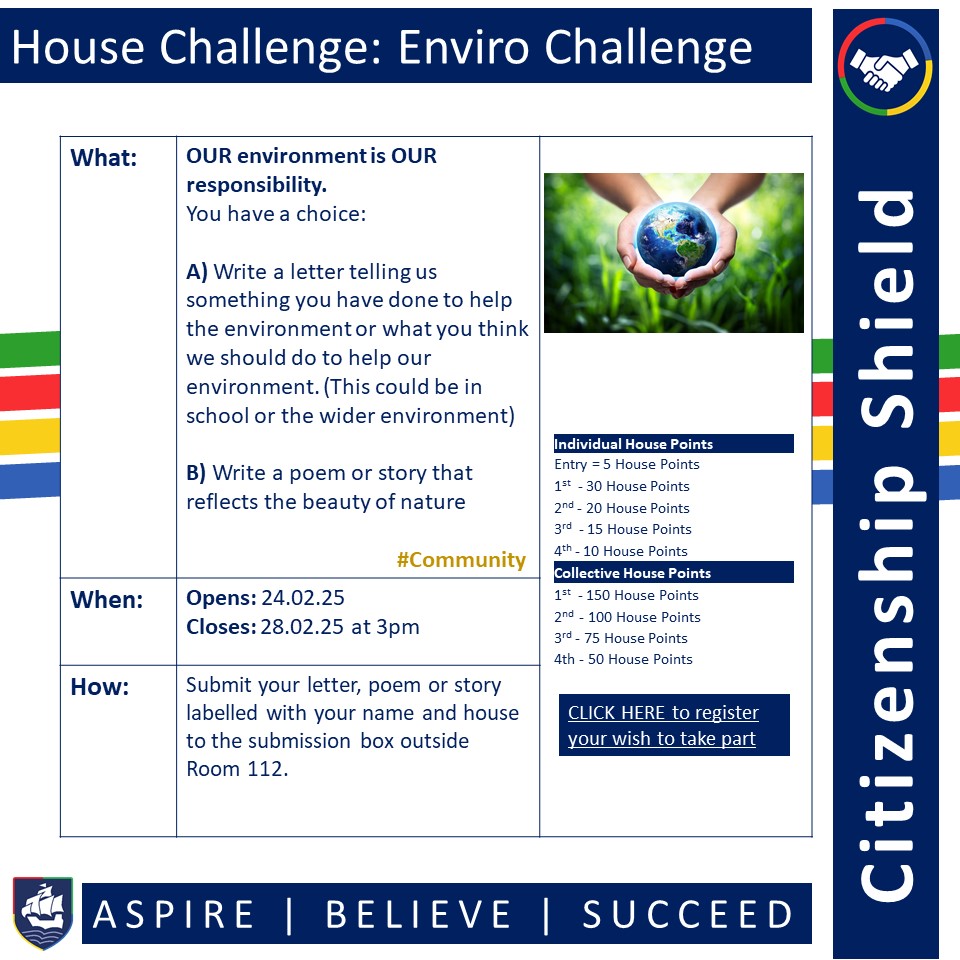 This week we are playing for the Citizenship Shield - and it's an Environmental Challenge - write a letter, a poem or a short story - details are below.  
Last term - <a href="/nailseaunicorn/">Unicorn House</a> headed up the leader board for this particular shield - but there's still everything to play for!