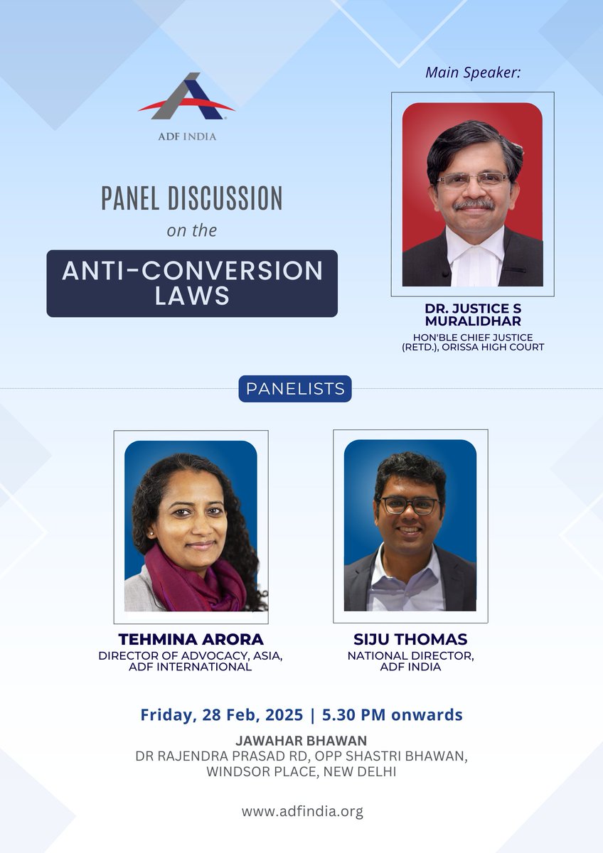 ADF_India's tweet image. Join ADF India for an interactive discussion with legal &amp;amp; civil society experts on #AntiConversionLaws in India.

📅 28 Feb, 2025 | Jawahar Bhawan, New Delhi
⏱️ 5:30 PM onwards

🔗 Seats are limited! Register now: bit.ly/PanelDiscussio…

#FoRB #ReligiousFreedom