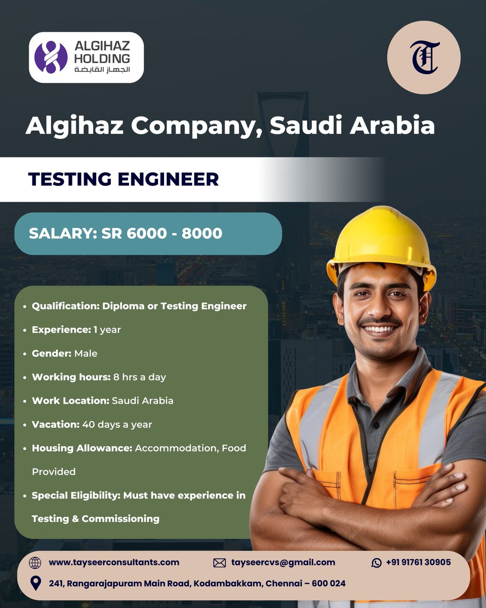 tayseerpvtltd's tweet image. We’re hiring a Site Testing Engineer at Algihaz Company in Saudi Arabia.apply today.

📧 tayseercvs@gmail.com
🌐 tayseerconsultants.com
📞 +91 91760 45613
#sitetestingengineer #testingengineer #constructionjobs #saudijobs #qualityassurance #algihaz