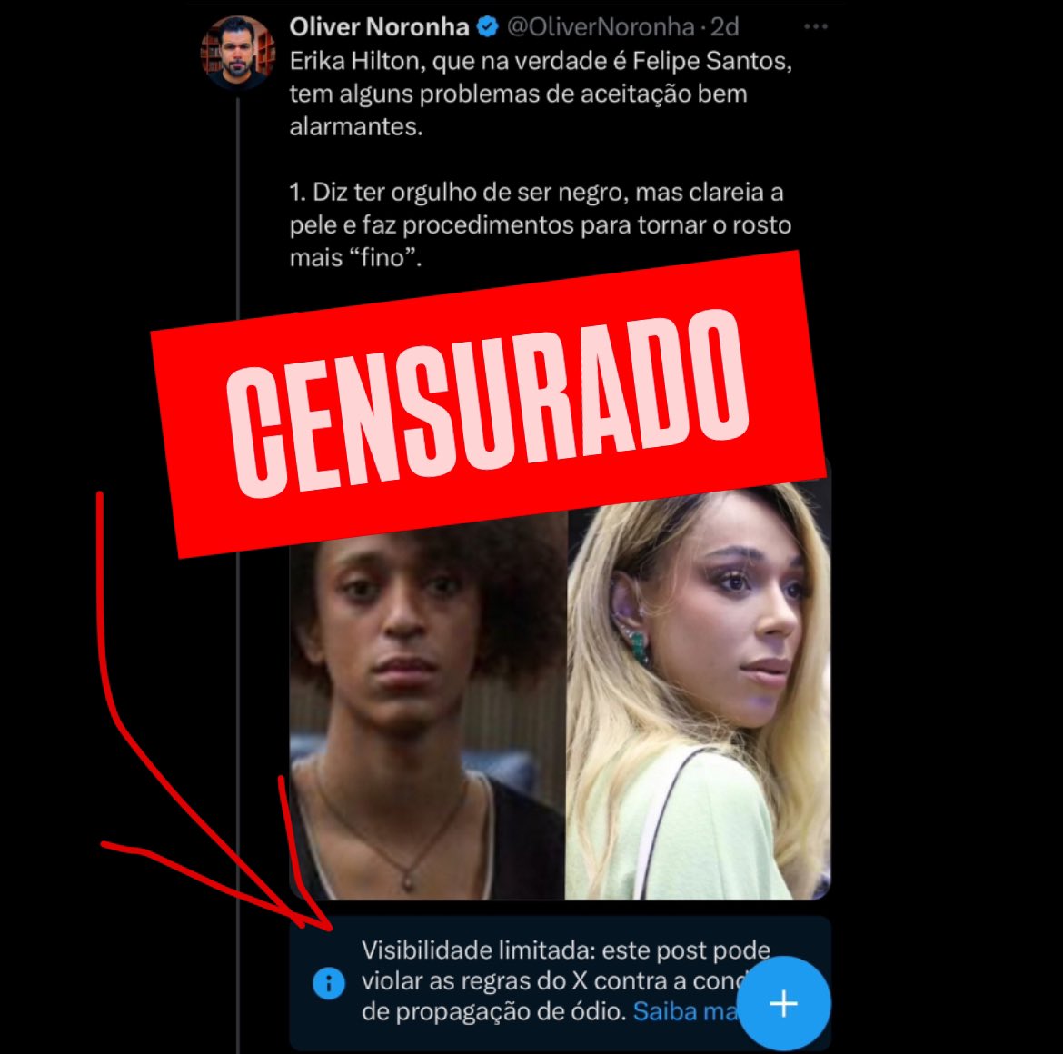 O deputado Felipe Santos (que gosta de ser tratado por Erika Hilton),
Com a ajuda de inúmeros bots e sua minoria de eleitores histéricos, fizeram denúncias em massa contra o meu post. Agora, a publicação é limitada, não se pode interagir e ela não aparece nas pesquisas.

Mas,