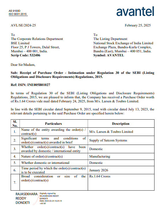 vluxeinvests's tweet photo. 📢 Avantel Ltd Bags ₹1.64 Cr Order from L&T
#AVANTEL secured a ₹1.64 crore purchase order from Larsen & Toubro for the supply of Satcom Systems.
👉🏻 Execution timeline: By January 2026.
#Avantek #LT #Orders #Satcom