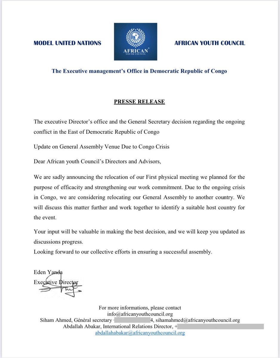 africanayc's tweet photo. 🚨 Important Announcement from African Youth Council (AYC) 🌍

Due to the ongoing conflict in the Democratic Republic of Congo, our General Assembly venue is being reconsidered for relocation. The safety and effectiveness of our discussions remain our top priority. https://t.co/0toP3G90og