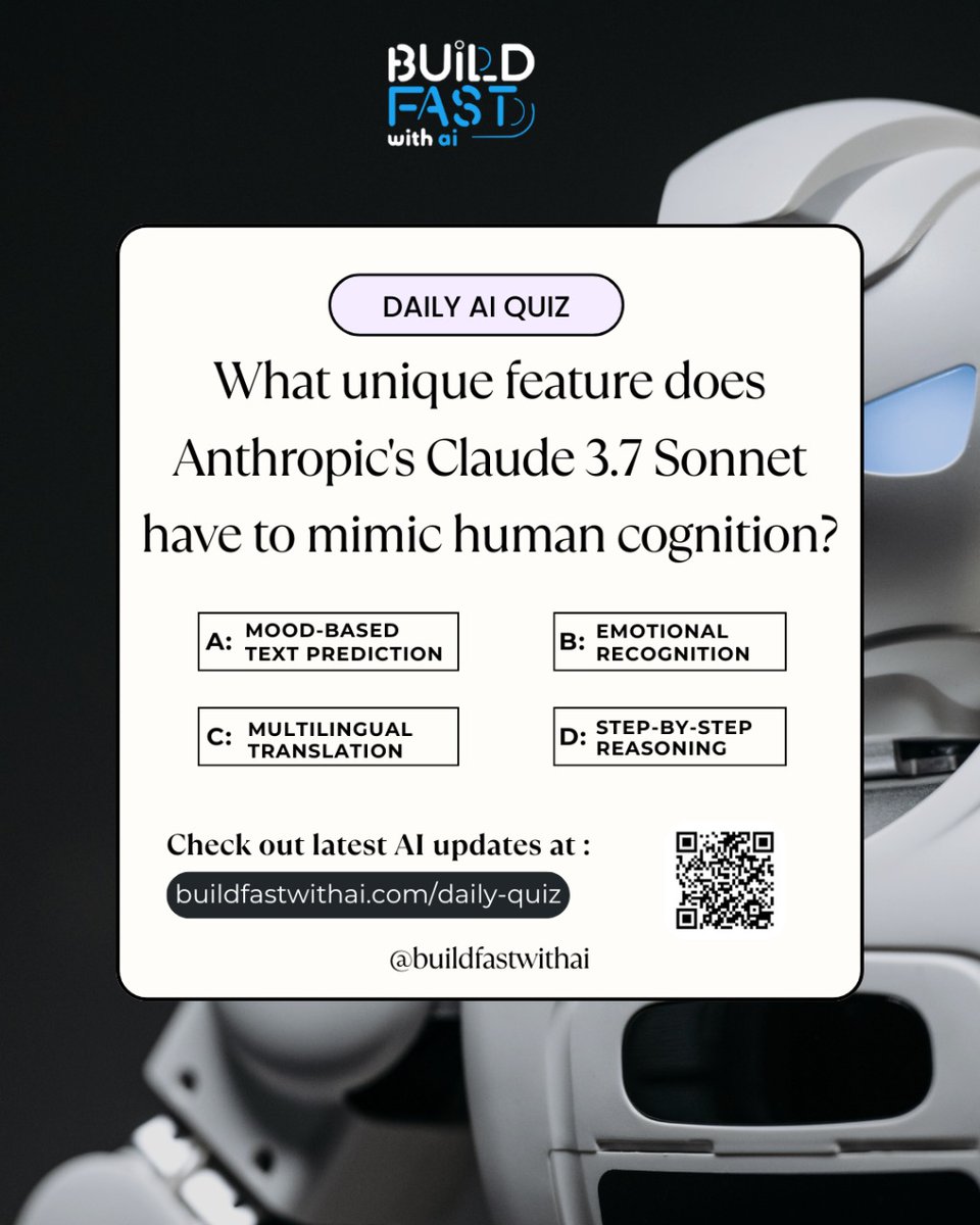 BuildFastWithAI's tweet image. 🚀 AI Challenge of the Day! 🚀

Can you guess the unique feature of Claude 3.7 Sonnet? 🤔💡

Test your AI knowledge &amp;amp; prove you&apos;re a true innovator! 🎯🔥

👉 buildfastwithai.com/daily-quiz

Tag a friend &amp;amp; let’s see who gets it right! 👇⚡ 

#AIQuiz #Claude37 #BuildFastWithAI