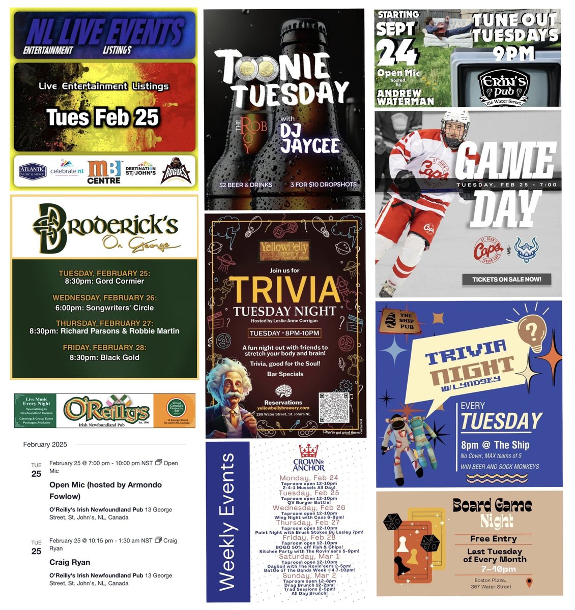 NL Live Events (@nlliveevents) on Twitter photo NL Live Events Entertainment Listings
Tues Feb 25/2025. <a href="/VOCMOpenline/">Paddy Daly</a> <a href="/vocmhart/">Terry Hart</a> <a href="/QuidiVidiBeer/">Quidi Vidi Brewery</a> <a href="/DaveSalter_/">David Salter</a> <a href="/chmrmunradio/">CHMR</a> <a href="/RonEllsworth/">Ron Ellsworth</a> <a href="/AngelaMRecord/">Angela Record</a> <a href="/JerryCranford/">Jerry Cranford was a bullfrog 🇨🇦</a> <a href="/ColleenPower1/">⭐ Colleen Power ⭐</a> <a href="/RadioGregSmith/">Greg Smith</a> <a href="/Consumer__Watch/">Consumer Watch</a> <a href="/GregSmithNL/">𝗚𝗿𝗲𝗴 𝗦𝗺𝗶𝘁𝗵</a> <a href="/FayeGrim/">Toni-Marie Wiseman🇨🇦</a> @WhatsHapStJohns NL Live Events Entertainment Listings
Tues Feb 25/2025. <a href="/VOCMOpenline/">Paddy Daly</a> <a href="/vocmhart/">Terry Hart</a> <a href="/QuidiVidiBeer/">Quidi Vidi Brewery</a> <a href="/DaveSalter_/">David Salter</a> <a href="/chmrmunradio/">CHMR</a> <a href="/RonEllsworth/">Ron Ellsworth</a> <a href="/AngelaMRecord/">Angela Record</a> <a href="/JerryCranford/">Jerry Cranford was a bullfrog 🇨🇦</a> <a href="/ColleenPower1/">⭐ Colleen Power ⭐</a> <a href="/RadioGregSmith/">Greg Smith</a> <a href="/Consumer__Watch/">Consumer Watch</a> <a href="/GregSmithNL/">𝗚𝗿𝗲𝗴 𝗦𝗺𝗶𝘁𝗵</a> <a href="/FayeGrim/">Toni-Marie Wiseman🇨🇦</a> @WhatsHapStJohns