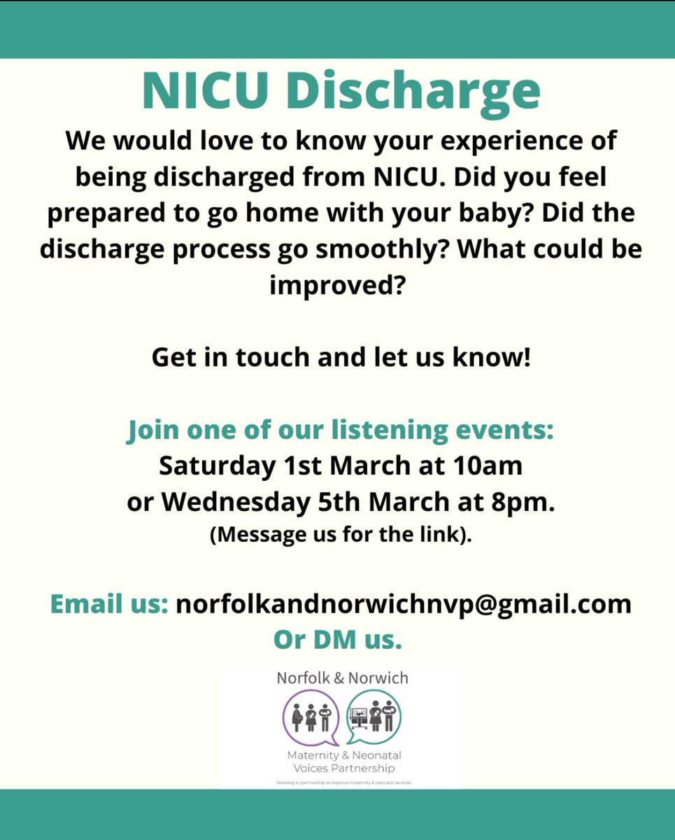 Norfolk and Norwich Neonatal Voices (@nandnnvp) on Twitter photo We would love to know your experience of being discharged from NICU.
Get in touch by:
-Joining one of our listening events (message for the Teams link).
-Email us at: norfolkandnorwichnvp@gmail.com
-DM us! We would love to know your experience of being discharged from NICU.
Get in touch by:
-Joining one of our listening events (message for the Teams link).
-Email us at: norfolkandnorwichnvp@gmail.com
-DM us!