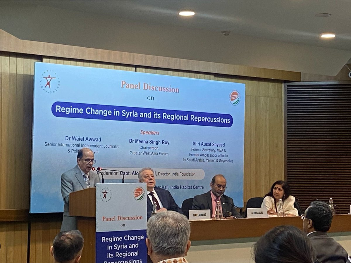 It was a great pleasure to participate in the panel discussion this afternoon on ‘Regime Change in #Syria and its #Regional Repercussions’ organized by India Foundation at India Habitat Centre. Dr Waiel Awwad and Dr Meena Singh Roy were other co-panelists.