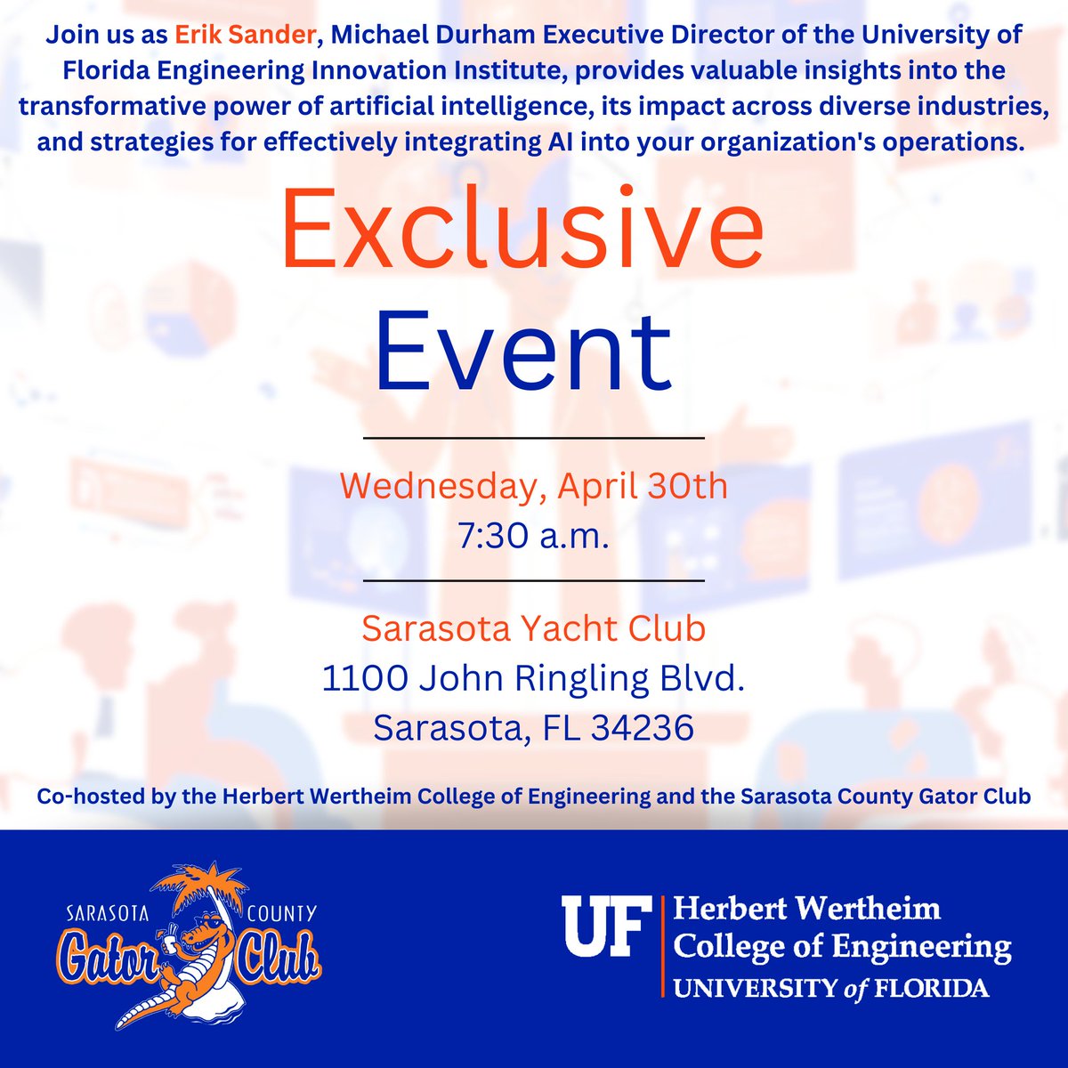 SRQGatorClub's tweet image. Looking for a unique opportunity to learn more about AI and its impact in the future of business? Join us for a free breakfast event at the Sarasota Yacht Club on April 30th. Thank you to @UFWertheim for co-hosting this event with us! To RSVP, visit: tinyurl.com/ufaibreakfast