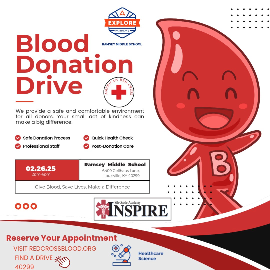 Explore Ramsey (@exploreramsey) on Twitter photo For the last two years <a href="/RamseyMS_JCPS/">Ramsey Middle School</a> has been the only middle school to partner with the <a href="/RedCross/">American Red Cross</a> to offer a blood drive as part of our #healthcarescience pathway & <a href="/ExploreJCPS/">JCPS Explore Pathways</a>. Here's to year 3! Have you signed up? redcrossblood.org For the last two years <a href="/RamseyMS_JCPS/">Ramsey Middle School</a> has been the only middle school to partner with the <a href="/RedCross/">American Red Cross</a> to offer a blood drive as part of our #healthcarescience pathway & <a href="/ExploreJCPS/">JCPS Explore Pathways</a>. Here's to year 3! Have you signed up? redcrossblood.org