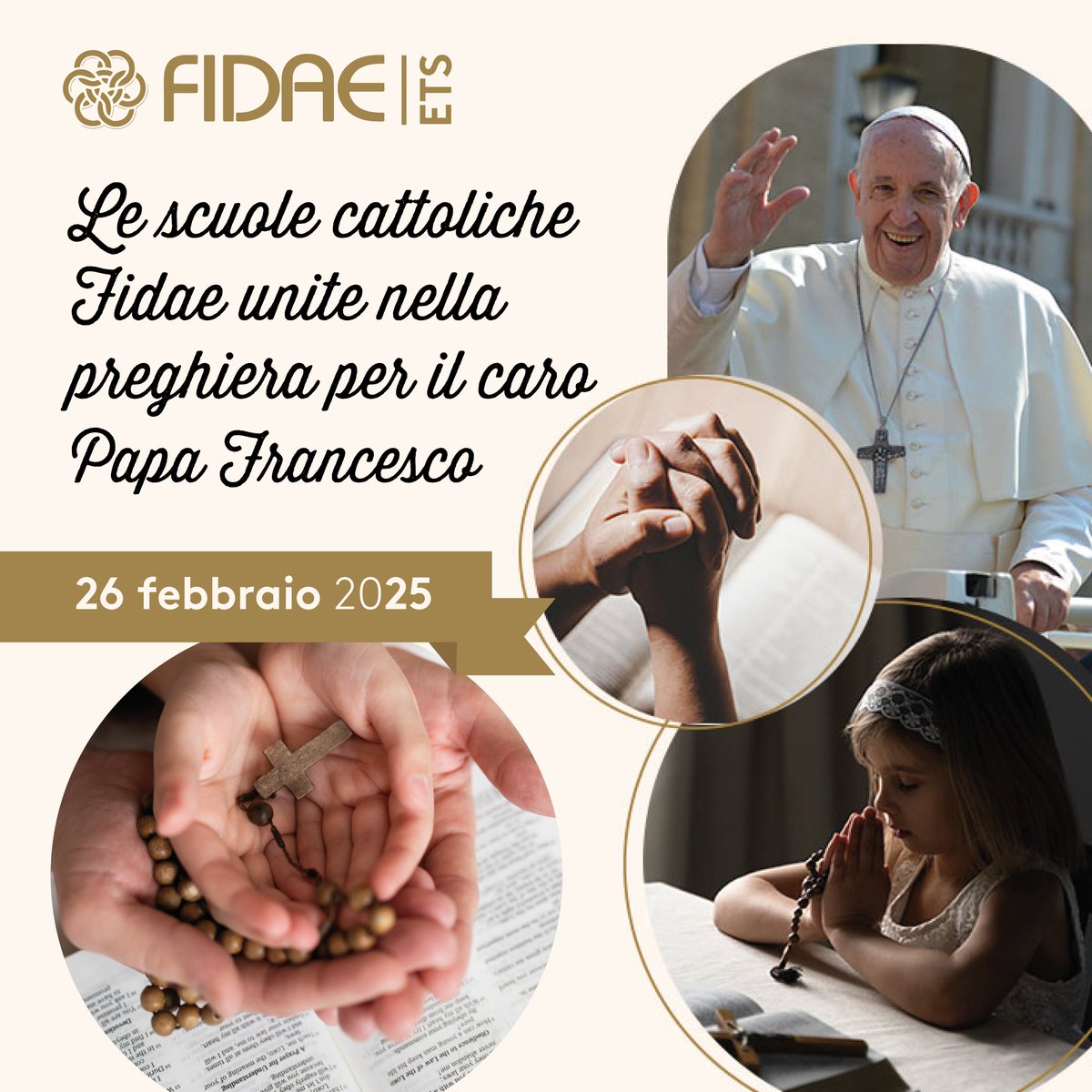 ⏰‼Domani 26 febbraio è la giornata che le scuole cattoliche FIDAE dedicano alla preghiera per Papa Francesco‼

Potete inviarci pensieri, preghiere, disegni, brevi video o lettere che esprimano il vostro affetto e la vostra gratitudine all’indirizzo fidae@fidae.it