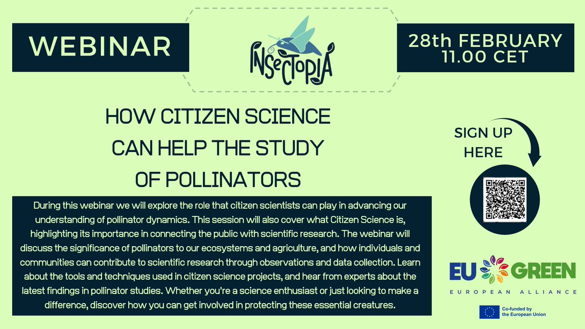 Final Insectopia Webinar! 🌍🚀Join the final Insectopia Webinar on Feb 28 at 11:00 CET!

🎤 Speaker: Cristina Castracani (@uniprparma), expert in Citizen Science &amp; pollinator research 🐜🌱

🔎 What’s inside?
🌿 How citizen scientists are shaping pollinator studies
🐝 Why