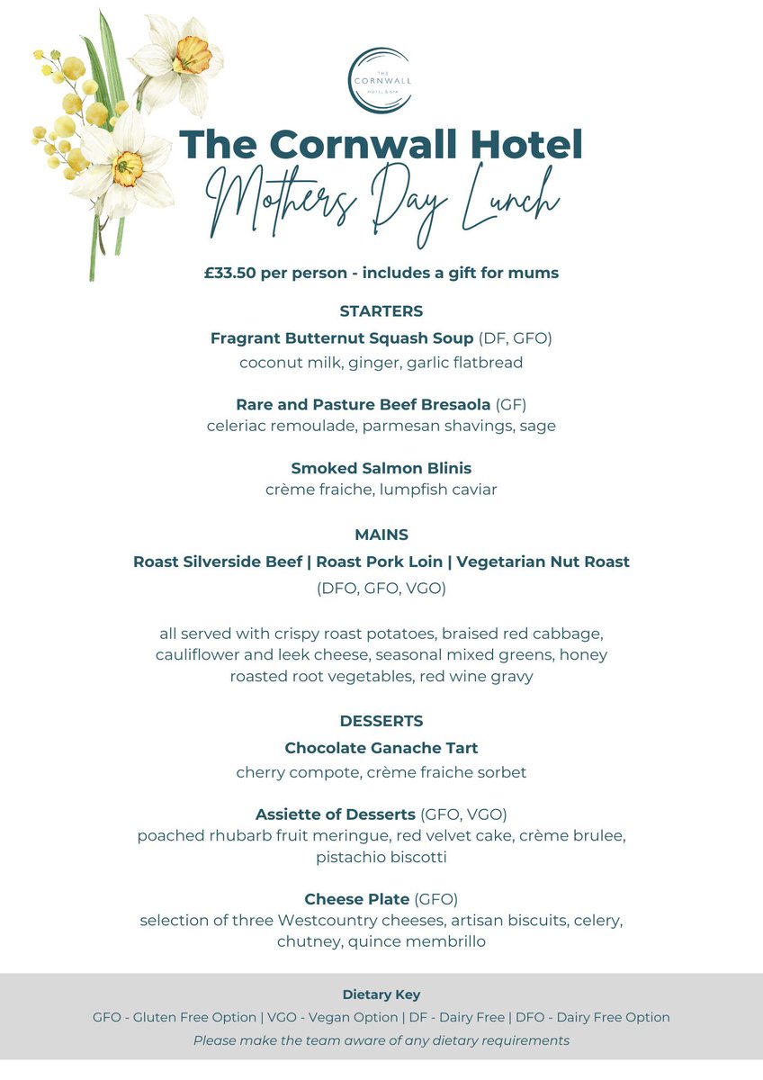 The Cornwall Hotel & Spa (@the_cornwall) on Twitter photo Mums deserve the very best, and this Mother's Day we invite you to enjoy a menu crafted with love. As a little extra, every mother will receive a special gift from us💖
Sunday 30th March💐
12pm or 2.30pm sittings🥂
£33.50 per person
📞 01726 874050
💻reservations@thecornwall.com Mums deserve the very best, and this Mother's Day we invite you to enjoy a menu crafted with love. As a little extra, every mother will receive a special gift from us💖
Sunday 30th March💐
12pm or 2.30pm sittings🥂
£33.50 per person
📞 01726 874050
💻reservations@thecornwall.com