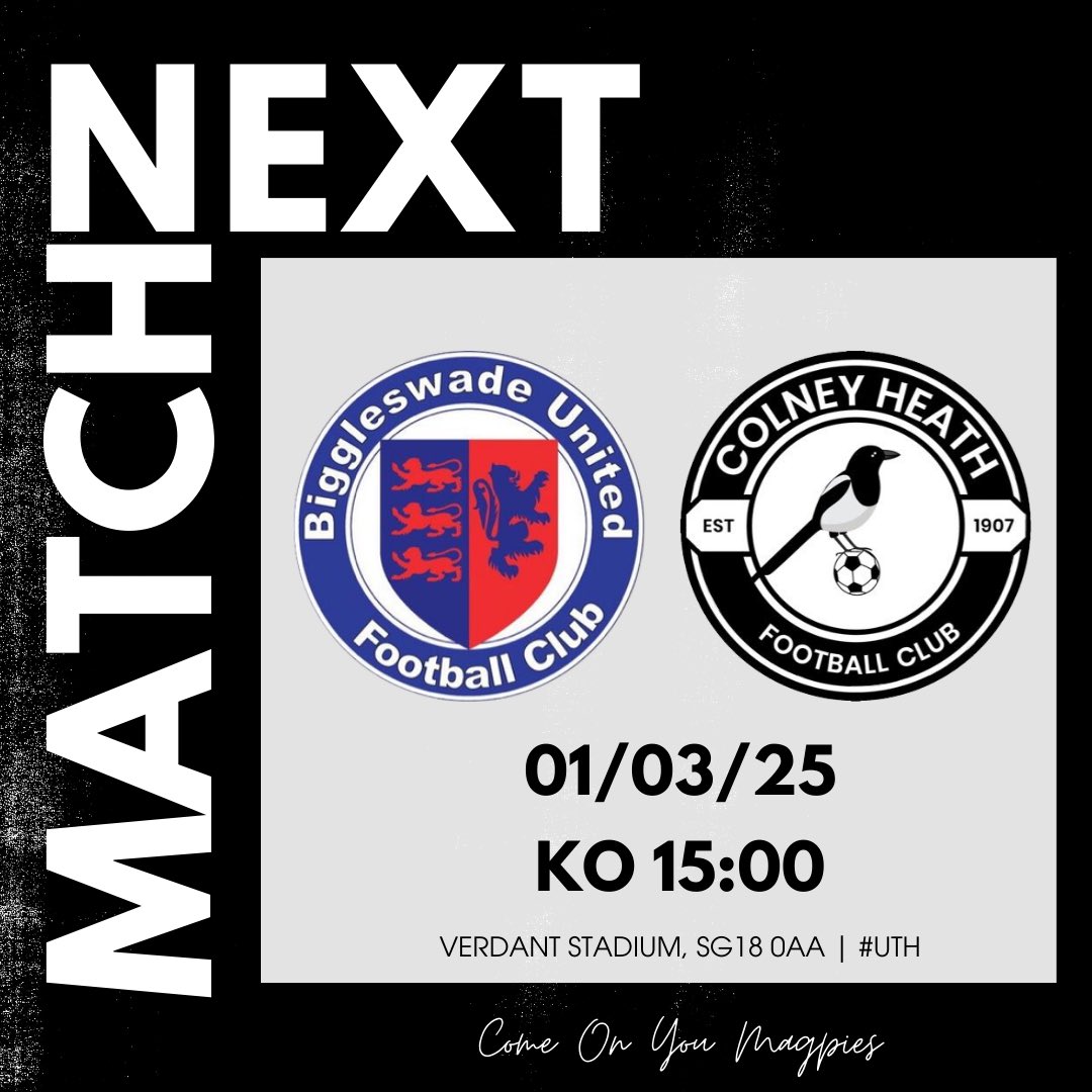 ➡️ NEXT UP FOR THE MAGPIES 

🆚 <a href="/Biggleswadeutd/">Biggleswade United</a> 
🗓️ 01/03/25
⏰ KO 15:00
🏟️ Verdant Stadium, SG18 0AA

#ComeOnYouMagpies