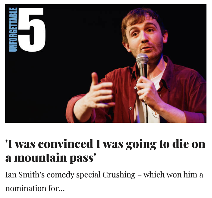 Very nice of <a href="/chortle/">Chortle Comedy</a> to make me sound cool with the quote line for this piece. Danger Smith.

Have a read here: chortle.co.uk/unforgettablef…

And you can buy my special on <a href="/800pgm/">800 Pound Gorilla Media</a> here: 800PGR.lnk.to/crushing