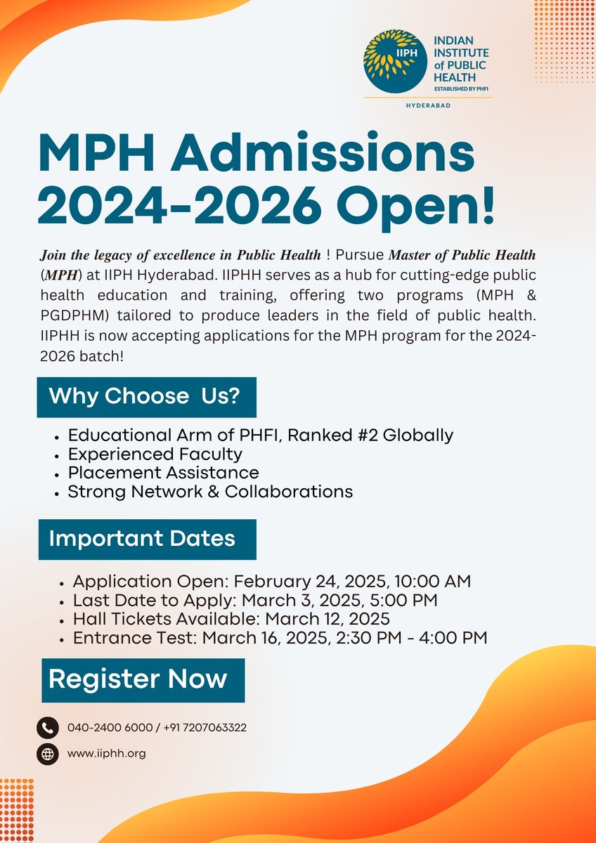 IIPH-Hyd MPH 2024-26 Admissions open!
Application Date: Feb 24 - Mar 4, 2025
Entrance Exam: Mar 16, 2025

Share this with someone who might be interested!
#MPH2024 #PublicHealth #IIPHH #AdmissionsOpen 
Apply now: knruhs.ezytest.in/Account/Studen…
Website: iiphh.org
