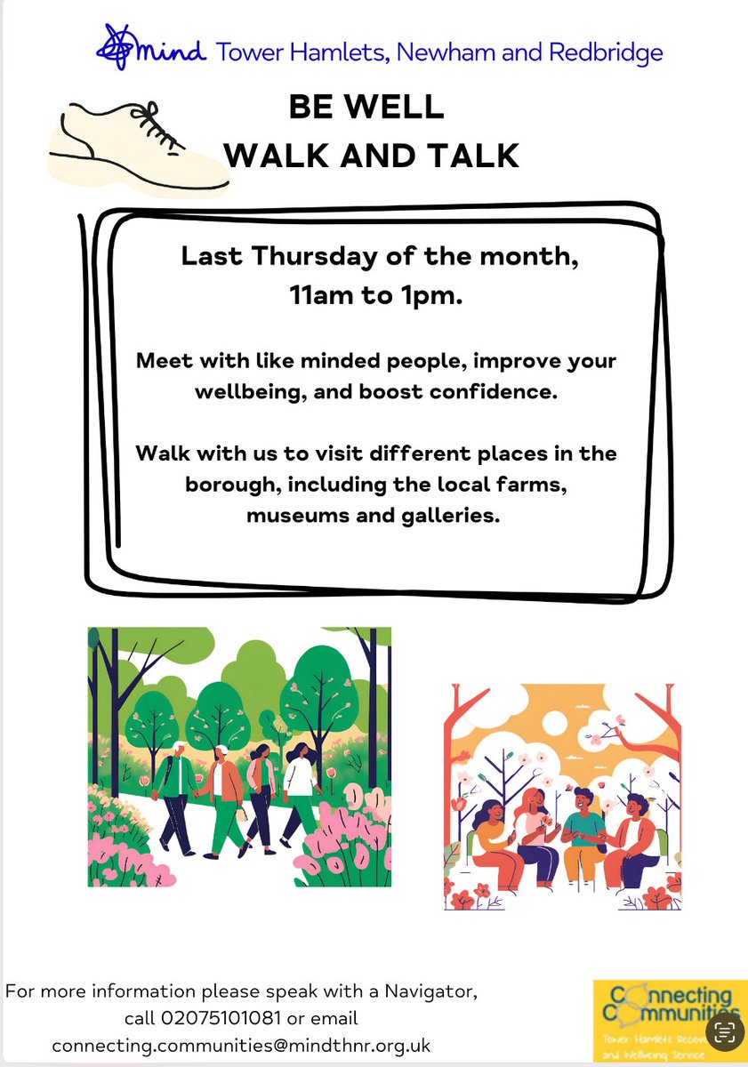 Be Well - Walk and Talk group. 

Last Thursday of the month, first walk on 27th of March, 11am - 1pm

The group will take a walk to a different destination and place of interest each time, including local farms and galleries.
