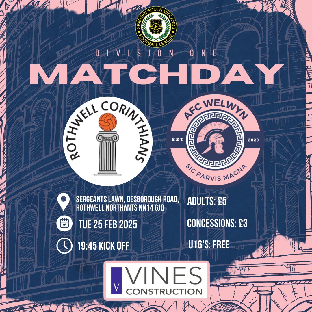 AFC_Welwyn's tweet photo. ⚽️ M A T C H D A Y ⚽️

🆚 @RothwellCFC
⏰ 7:45pm kick off
🏟️Sergeants Lawn, Desborough Road, Rothwell, NN14 6JQ

It's a long trek up the A1/M1 tonight for an injury ridden Roman sqaud, but new singings could help us take on 11th placed Rothwell.

Club Partner: https://t.co/usMdqbW76a