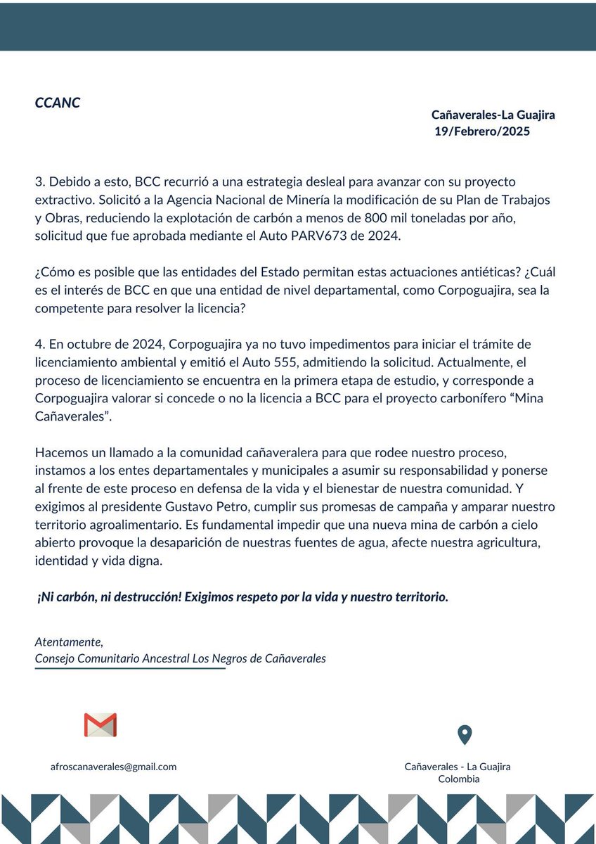 ConSentiCana's tweet photo. ¡Importante! Comunicado público del Consejo Comunitario Los Negros de Cañaverales sobre el proceso de licencia ambiental. ¡Lee y comparte! #ConsejoComunitario #LosNegrosDeCañaverales #LicenciaAmbiental https://t.co/uttY3mKyEA