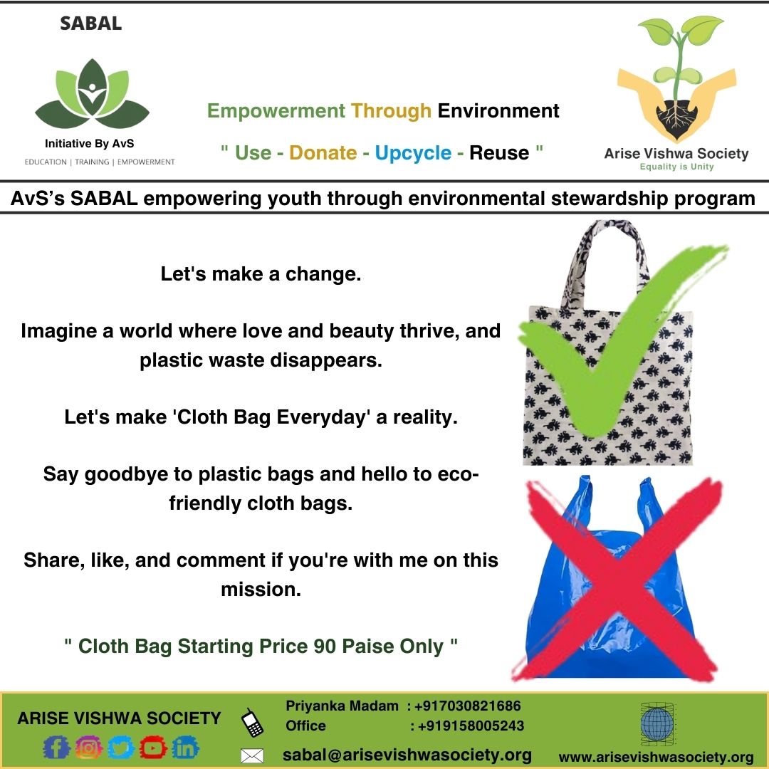 AriseVishwa's tweet photo. Imagine a world where love and beauty thrive, and #plasticwaste disappears.
Let's make '#ClothBagEveryday' a reality.
Say goodbye to plastic bags and hello to #ecofriendly #clothbags.
Share, like, & comment if you're with me on this mission.
#SABALprogram #AriseVishwaSocietyNGO https://t.co/NtFFgt8Olt
