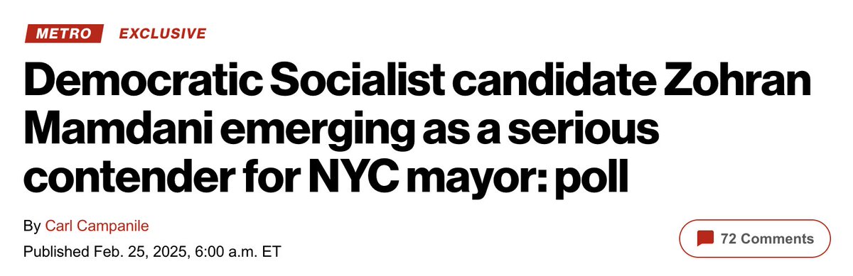 🚨 NEW MAYORAL POLL 🚨

Andrew Cuomo 38% 
Zohran Mamdani 12% 
Eric Adams 10% 
Brad Lander 7%
Scott Stringer 5% 
Michael Blake 3%
Adrienne Adams 2%
Zellnor Myrie 2%
Jessica Ramos 1%
Whitney Tilson 0%

Honan Strategy Group for Tusk Strategies, 1,214 likely Dem voters, Feb 22-23