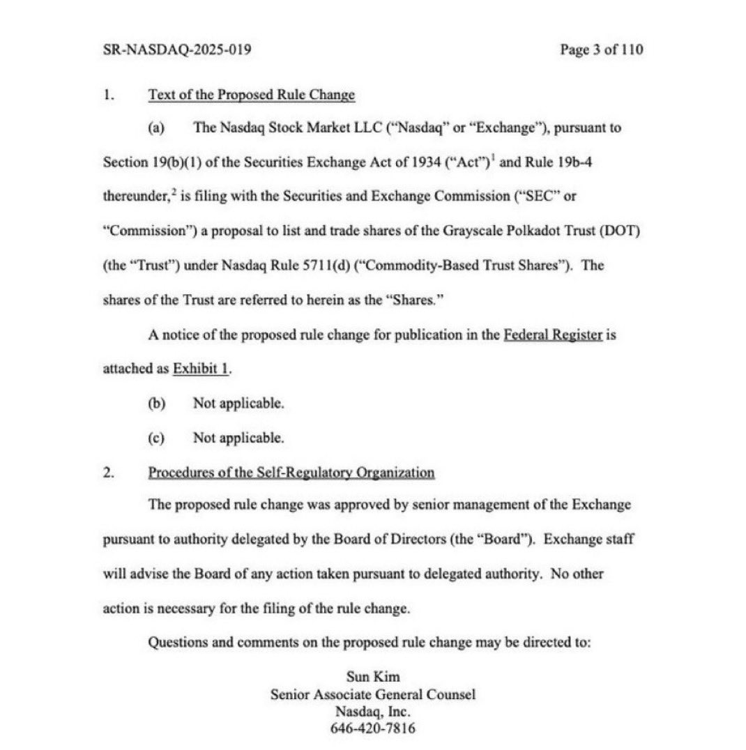 🔥 NEW: Grayscale has filed for a Polkadot  ETF with Nasdaq.