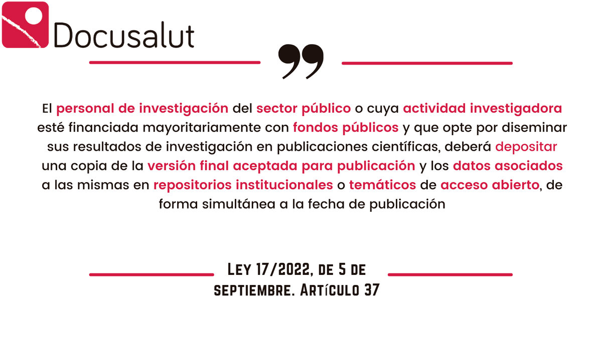 Docusalut (@docusalut) on Twitter photo 🔬 🔓 Coneixes el que diu la llei de la ciència sobre el dipòsit de la producció científica de les institucions públiques?
boe.es/buscar/pdf/202…
<a href="/bibliosalut/">Bibliosalut</a> <a href="/idisbaib/">IdISBa</a> <a href="/SalutGOIB/">Conselleria de Salut</a> <a href="/ibsalut/">Servei de Salut de les Illes Balears (IB-SALUT)</a>
#lleidelaciència #leydelaciencia #repositorisinstitucionals #openaccess #Docusalut 🔬 🔓 Coneixes el que diu la llei de la ciència sobre el dipòsit de la producció científica de les institucions públiques?
boe.es/buscar/pdf/202…
<a href="/bibliosalut/">Bibliosalut</a> <a href="/idisbaib/">IdISBa</a> <a href="/SalutGOIB/">Conselleria de Salut</a> <a href="/ibsalut/">Servei de Salut de les Illes Balears (IB-SALUT)</a>
#lleidelaciència #leydelaciencia #repositorisinstitucionals #openaccess #Docusalut