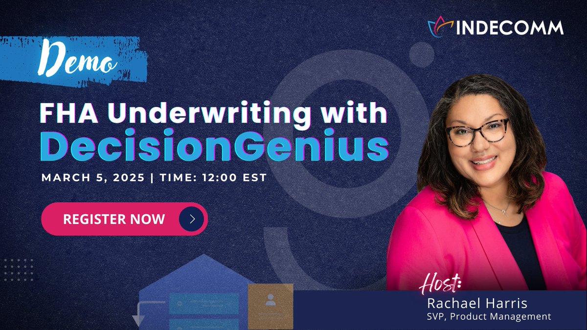 Indecomm's tweet photo. 📷 Exclusive Demo: FHA Underwriting with DecisionGenius AI 
Join us for a demo of DecisionGenius, the AI solution transforming FHA loan decisioning. Register now to see how AI can enhance your FHA underwriting process! https://t.co/Ihfaf3JzYL https://t.co/g2beEumSwj