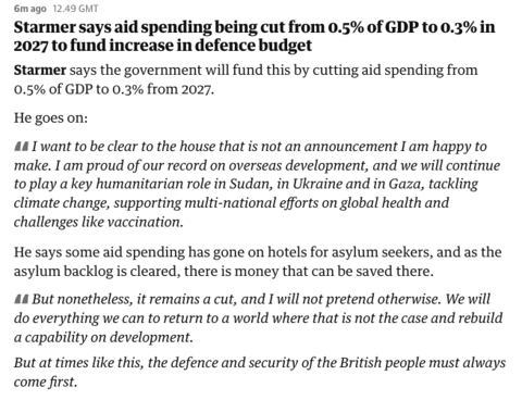 Starmer just confirmed UK aid cut from 0.5% to 0.3% GNI to fund increased defence spending

This is so bleak - thousands in low income countries will die. 

I get (and support) that we need to increase defence spending/capabilities in europe, but surely better ways to fund it 🧵