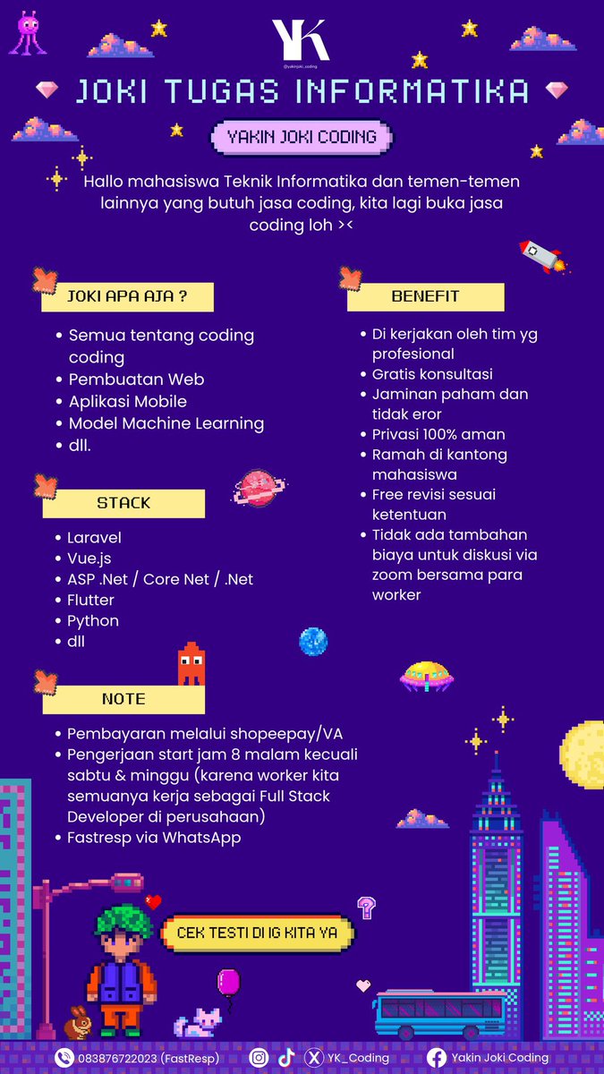 yk_coding's tweet image. best jarang bgt promosi di X, gakepegang X nya huuuu, yuk lah yg maw joki bole bgt yaa, testimoni cek ig yaw🫶🏻 #jasajoki #jokicoding #IT #informatika #coding #teknikinformatika #joki #jokitugas #jokicodingmurah #jokiteknik #zonauang #laravel #coreNET #python #cnn #javascript