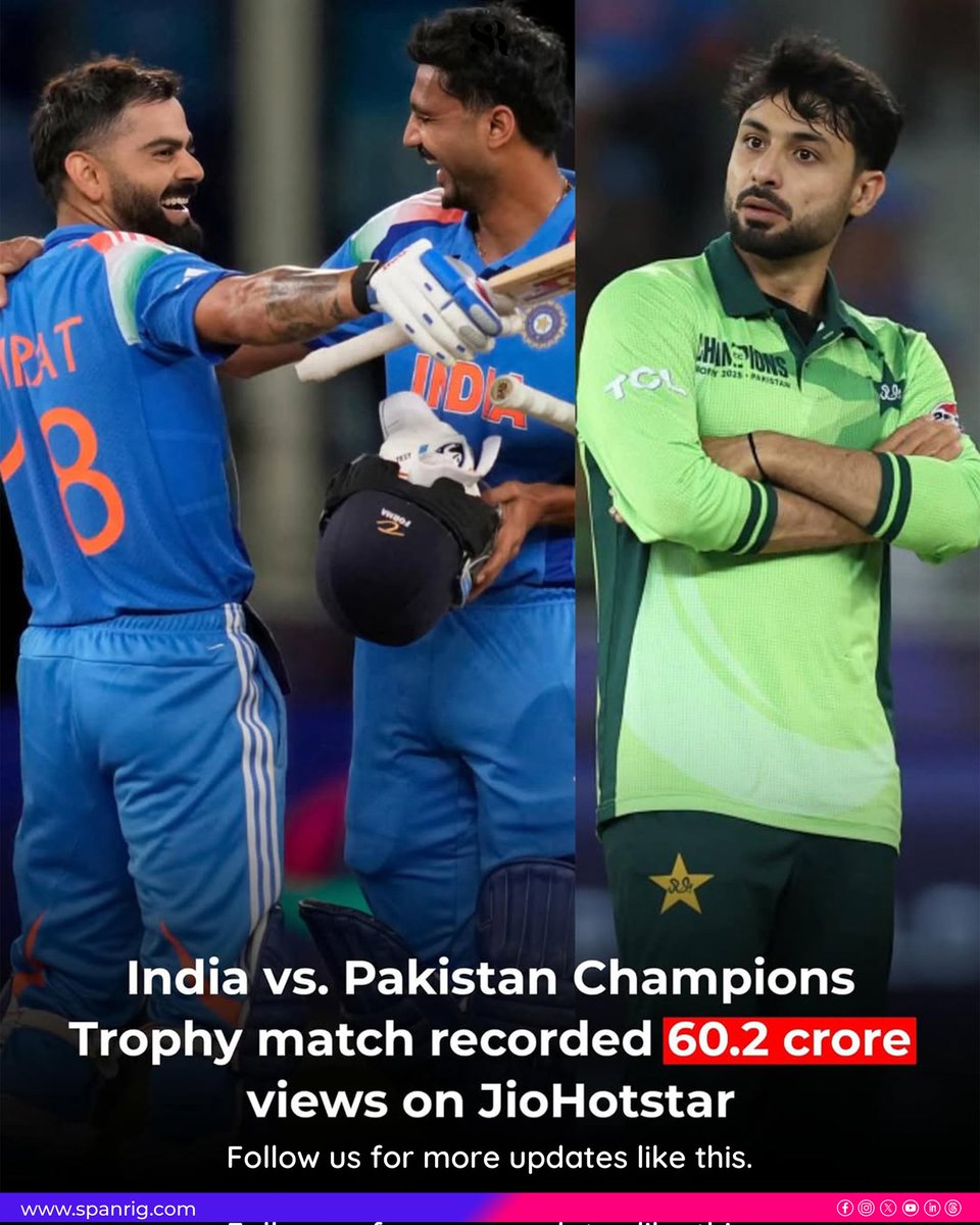 spanrig's tweet photo. The peak concurrency, which is the highest number of viewers during a live stream, for the Indo-Pak match on JioHotstar, was 60.2 crore when Virat Kohli hit the winning runs chasing a target of 241 runs.

#Spanrig #IndvsPak #CT2025 #WhatsBuzzing #JioHotstar https://t.co/GVEdmNiBKQ