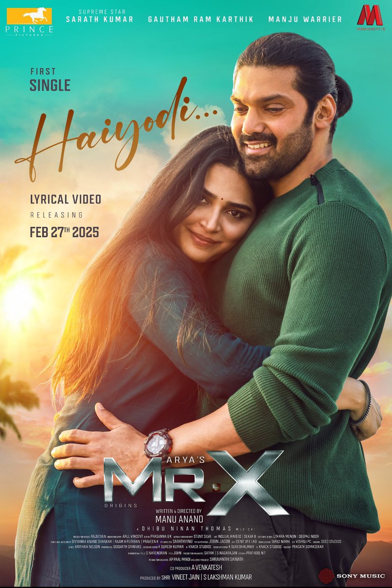 Arya (@arya_offl) on Twitter photo The first single from #MrX
My Fav ❤️
#Haiyodi - lyric video coming out on 27th February. A <a href="/dhibuofficial/">DHIBU NINAN THOMAS</a> musical.
Sung by <a href="/KapilKapilan_/">KAPIL KAPILAN</a>
Lyrics by <a href="/KrithikaNelson/">Krithika Nelson</a>
Produced by <a href="/lakku76/">S Lakshman kumar</a> #Maverik
Co-produced by <a href="/venkatavmedia/">Venkatesh</a>
<a href="/arya_offl/">Arya</a> <a href="/realsarathkumar/">R Sarath Kumar</a> <a href="/Gautham_Karthik/">Gautham Ram Karthik</a> The first single from #MrX
My Fav ❤️
#Haiyodi - lyric video coming out on 27th February. A <a href="/dhibuofficial/">DHIBU NINAN THOMAS</a> musical.
Sung by <a href="/KapilKapilan_/">KAPIL KAPILAN</a>
Lyrics by <a href="/KrithikaNelson/">Krithika Nelson</a>
Produced by <a href="/lakku76/">S Lakshman kumar</a> #Maverik
Co-produced by <a href="/venkatavmedia/">Venkatesh</a>
<a href="/arya_offl/">Arya</a> <a href="/realsarathkumar/">R Sarath Kumar</a> <a href="/Gautham_Karthik/">Gautham Ram Karthik</a>
