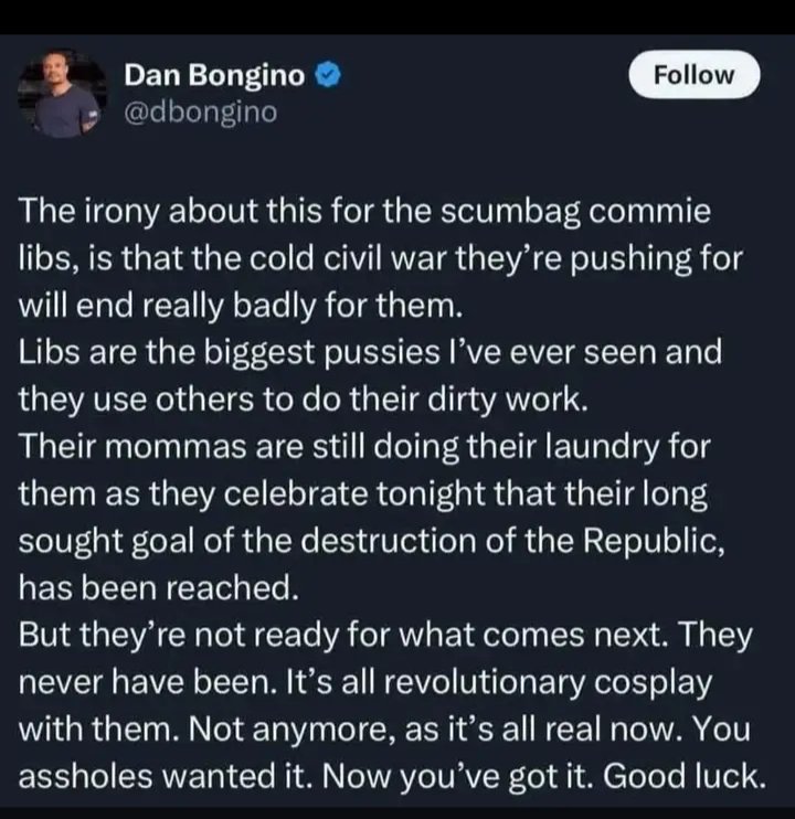 spydhard's tweet photo. @dbongino so u say we are weak n afraid well the line has been crossed n we will not go silently into the night because traitors like u will know what u have woken up 💪💯💙🖤 https://t.co/EVDc9PiSsr