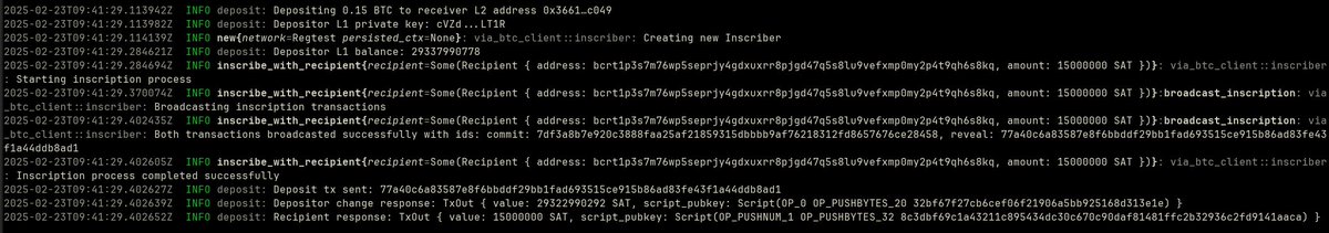 A deposit transaction from Bitcoin regtest (L1) to VIA L2

Our inscription process correctly broadcasts &amp; confirms transactions
