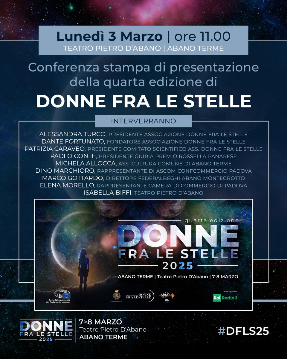 ✨Lunedì 3 Marzo | ore 10.30 | Teatro Pietro D'Abano
Conferenza stampa di presentazione della quarta edizione di DONNE FRA LE STELLE

📅 Donne fra le Stelle 2025 | 7-8 marzo 2025
📍 Teatro Pietro D'Abano, Abano Terme

🌐Per info visita il sito donnefralestelle.it
#DFLS25