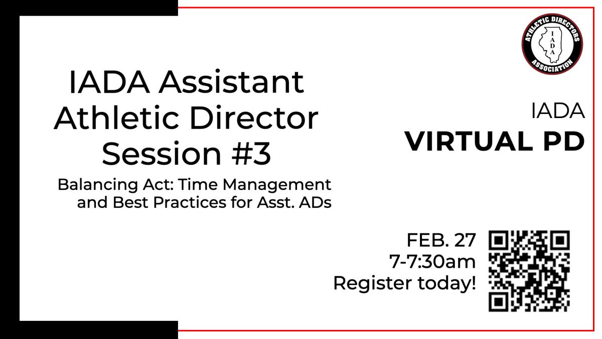 🚨 IADA Asst. AD Session #3 🚨

📅 Feb 27 | ⏰ 7:00-7:30 AM
💡 Balancing Act: Time Management &amp; Best Practices

Juggling it all as an Asst. AD? Learn strategies, tools, &amp; best practices to stay organized &amp; efficient! ⏳⚡

Don't miss it! 🔗 #IADA #AthleticLeadership #AssistantAD