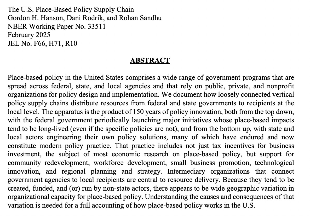 Rohan Sandhu (@rohan_sandhu) on Twitter photo 🧵<a href="/gordon_h_hanson/">Gordon Hanson</a>, <a href="/rodrikdani/">Dani Rodrik</a>, and my chapter for <a href="/nberpubs/">NBER</a>'s upcoming volume on place-based policy. We discuss the history of innovations in place-based policies in the US & unpack the "supply chains" through which these policies are implemented | nber.org/papers/w33511 🧵<a href="/gordon_h_hanson/">Gordon Hanson</a>, <a href="/rodrikdani/">Dani Rodrik</a>, and my chapter for <a href="/nberpubs/">NBER</a>'s upcoming volume on place-based policy. We discuss the history of innovations in place-based policies in the US & unpack the "supply chains" through which these policies are implemented | nber.org/papers/w33511