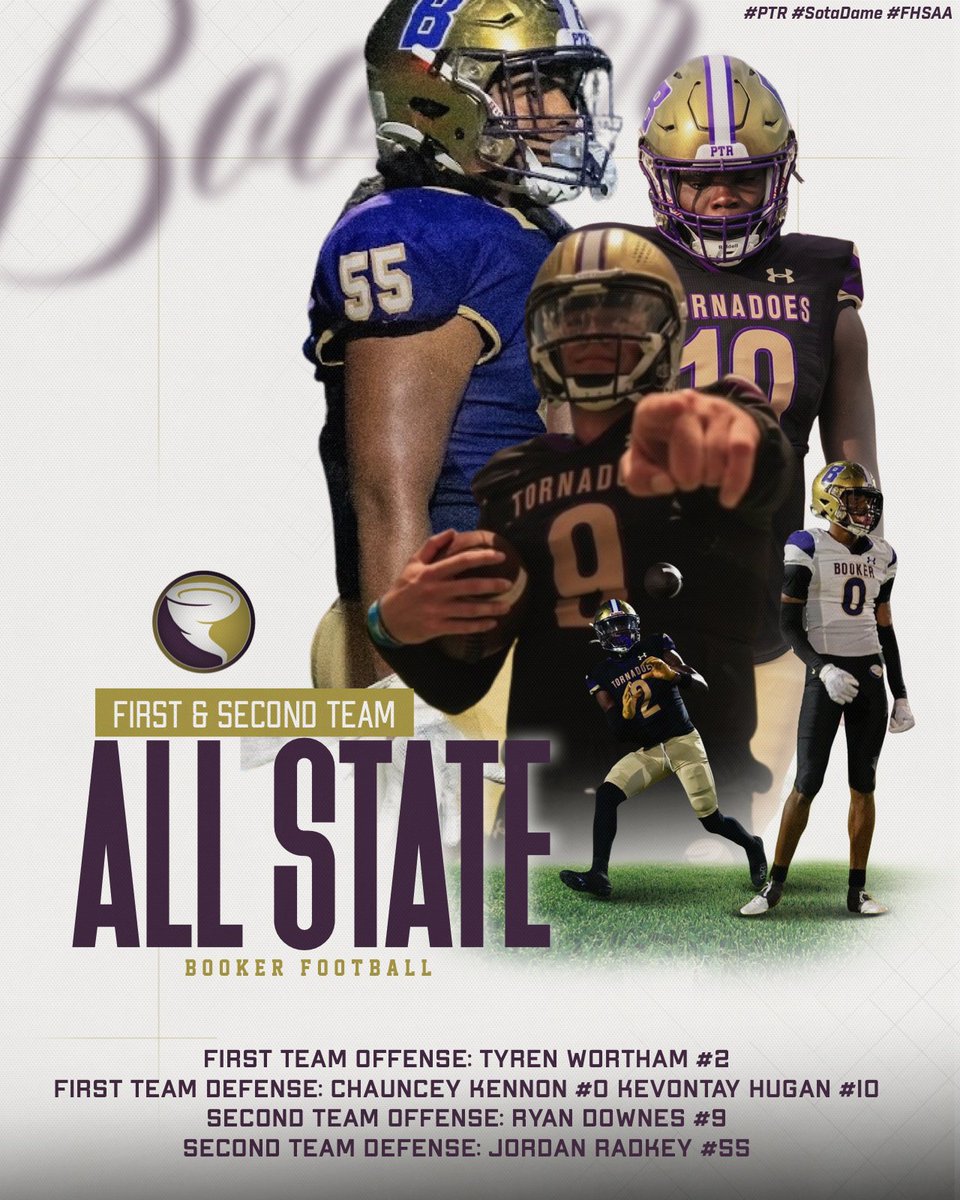 Booker Nation say hello to your ALL STATE Tornadoes!! Congratulations to the young men that have earned a spot on the FHSAA All-State team! Some of the best players in the State!! What makes them really special is that they are all ELITE HUMANS!! #PTR #SotaDame #FHSAA #AllState