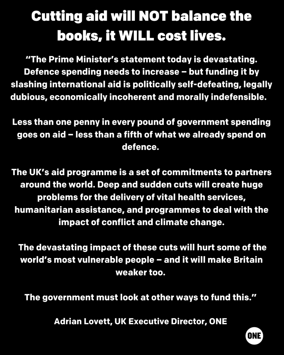"The devastating impact of these cuts will hurt some of the world’s most vulnerable people – and it will make Britain weaker too."

<a href="/adrianlovett/">Adrian Lovett</a> responds to the <a href="/10DowningStreet/">UK Prime Minister</a>
plan to cut life saving aid.   

Full statement below.