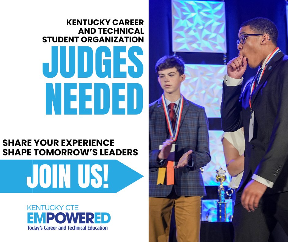 Be a CTSO judge! KY CTE students will showcase their skills at the 2025 state conferences. Volunteer your expertise &amp; inspire the next generation! Sign up: tinyurl.com/mzuch4xp

#KYCTEEmpoweredED #CTEWorks #CTEMonth