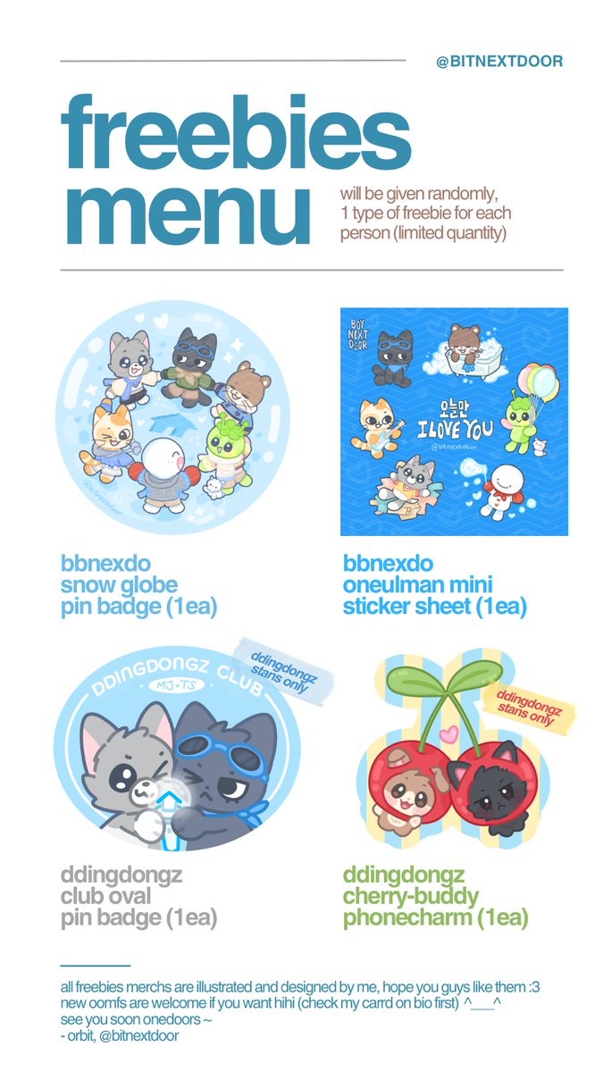 [reshares are super appreciated📨]
.
Freebies for BOYNEXTDOOR 1st Tour 'Knock on Vol. 1' in Jakarta by <a href="/bitnextdoor/">orbit🥣</a> 🐱🛋️🏡
.
🐈 Istora Senayan, Jakarta, ID
🩵 12 April 2025
🪽Meeting point &amp; time to be announced ~
🍞 Available Ddingdongz &amp; BND version

#KNOCK_ON_Vol_1_In_Jakarta
