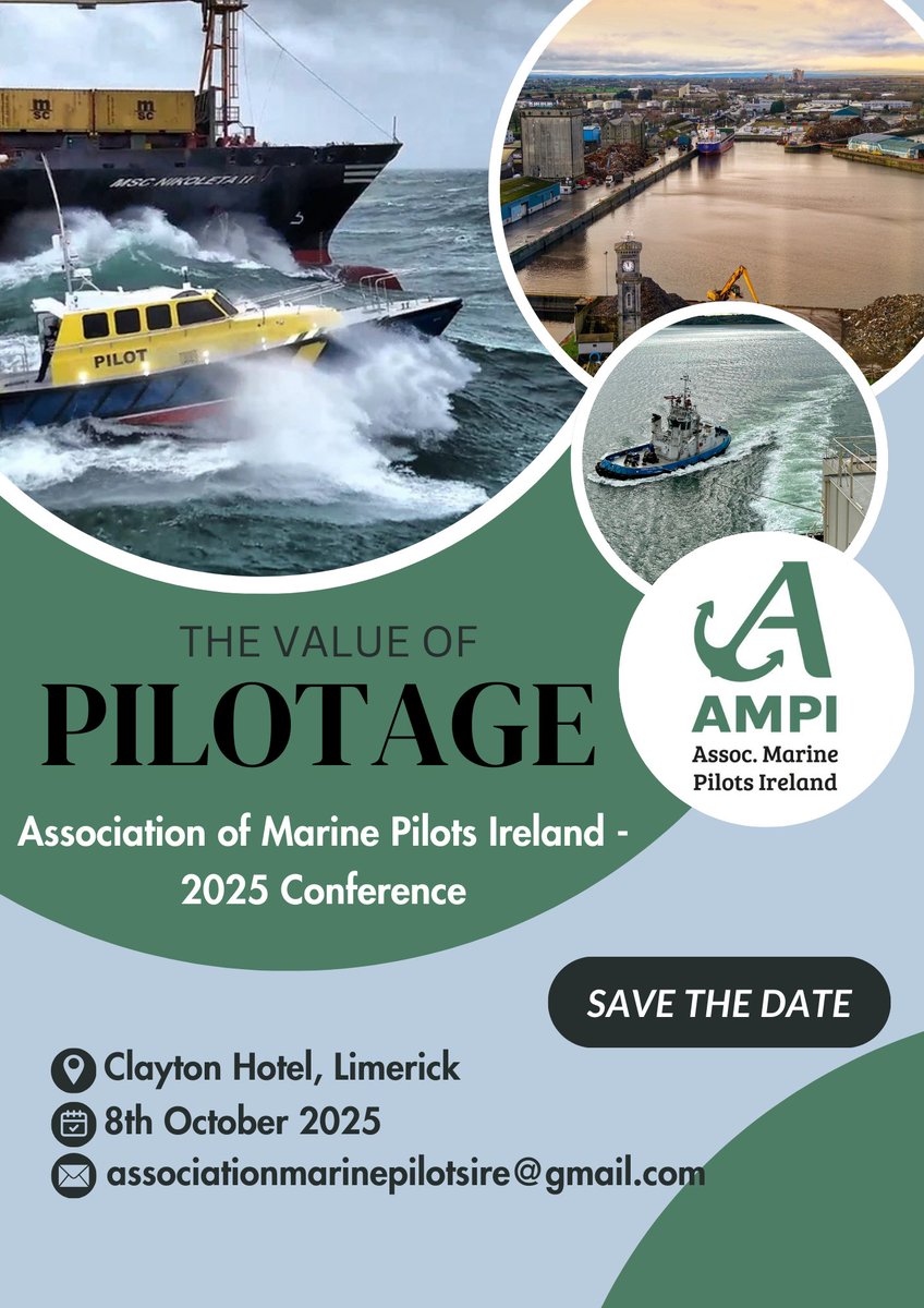 Irish Maritime Development Office (IMDO) (@imdoireland) on Twitter photo 📅 Save the date: Association of Marine Pilots of Ireland Conference 2025.
On the 8th of October, at the Clayton Hotel in Limerick, the <a href="/marinepilotsire/">Association of Marine Pilots Ireland</a> will host its second annual conference titled "The Value of Pilotage." More info 👉 bit.ly/41tkffx 📅 Save the date: Association of Marine Pilots of Ireland Conference 2025.
On the 8th of October, at the Clayton Hotel in Limerick, the <a href="/marinepilotsire/">Association of Marine Pilots Ireland</a> will host its second annual conference titled "The Value of Pilotage." More info 👉 bit.ly/41tkffx