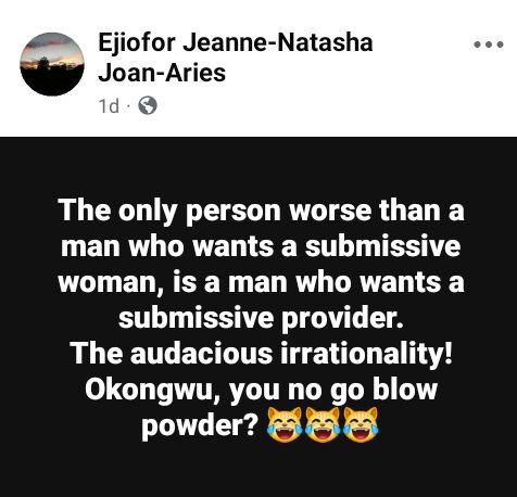 yabaleftonline's tweet photo. The only person worse than a man who wants a submissive woman is a man who wants a submissive provider - Nigerian woman says https://t.co/DLMGN0auch