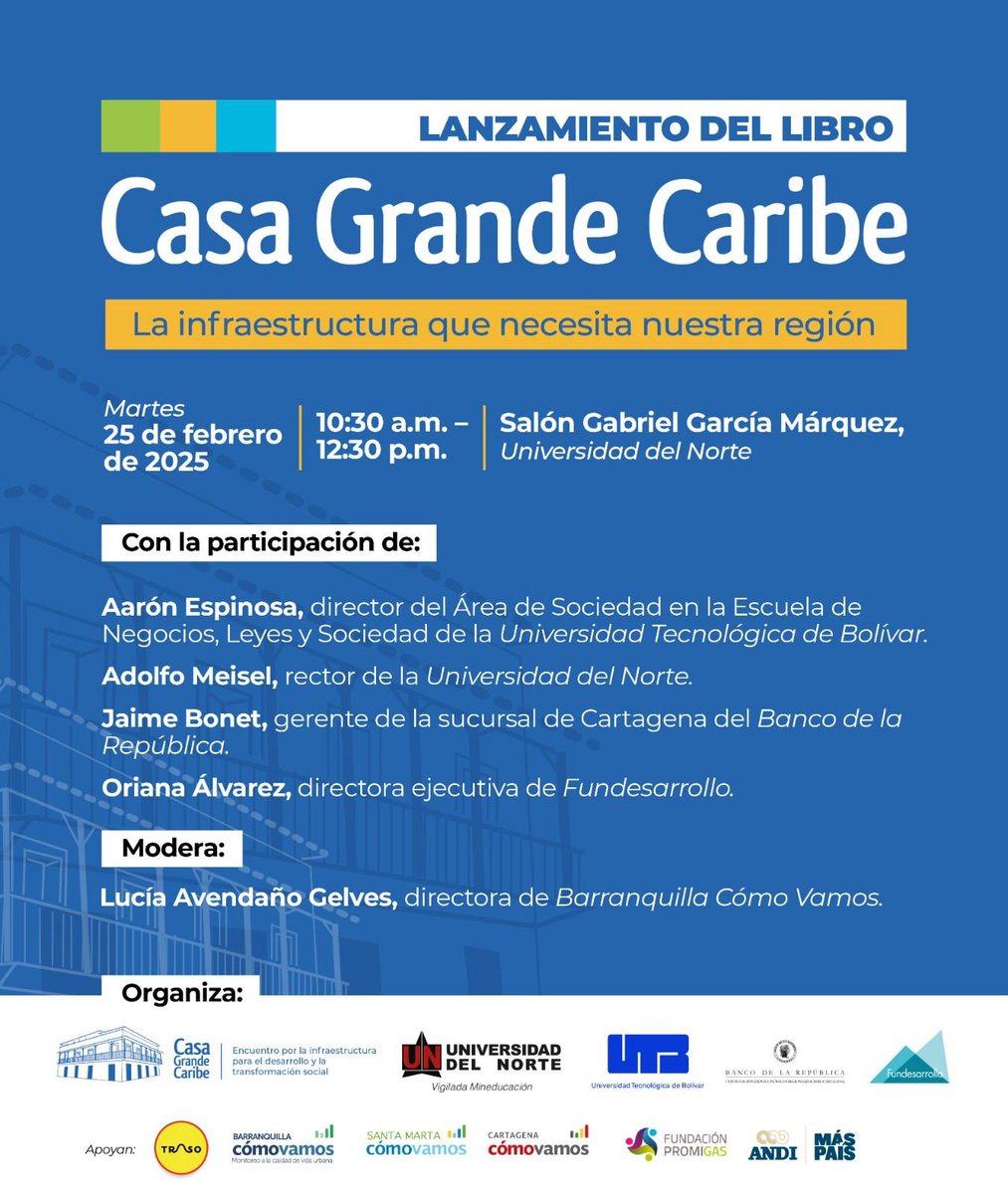 ¡Hoy estaremos desde la terraza de la gran <a href="/CasaGrandeCarib/">Casa Grande Caribe</a>!

Estaremos moderando el panel, con el que será lanzado el libro 'La infraestructura que necesita nuestra región'.

🌟Valoramos mucho este esfuerzo académico  y estamos felices de pertecer a #LaCasaQueNosUne