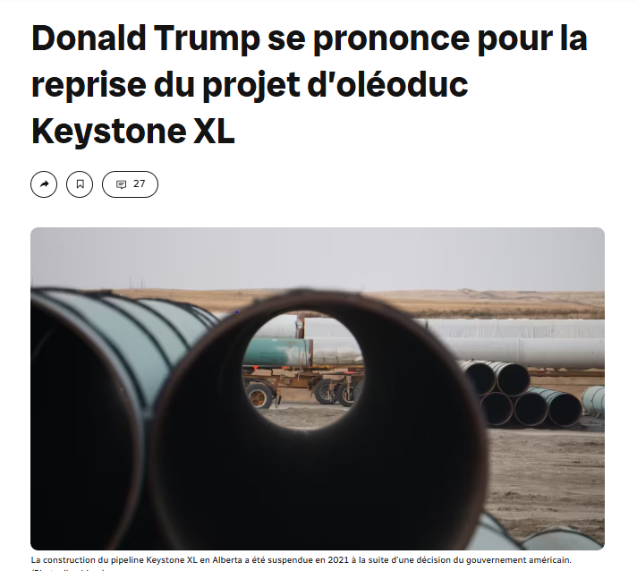 🤦‍♂️Trump veut encore une fois ramener le projet de pipeline de sables bitumineux KeystoneXL. Il avait ranimé KXL &amp; Biden l'avait rejeté au grand désespoir des libéraux de Trudeau qui le voulaient

👎Mark Carney VEUT des pipelines &amp;sera certainement content 
ici.radio-canada.ca/nouvelle/21433…