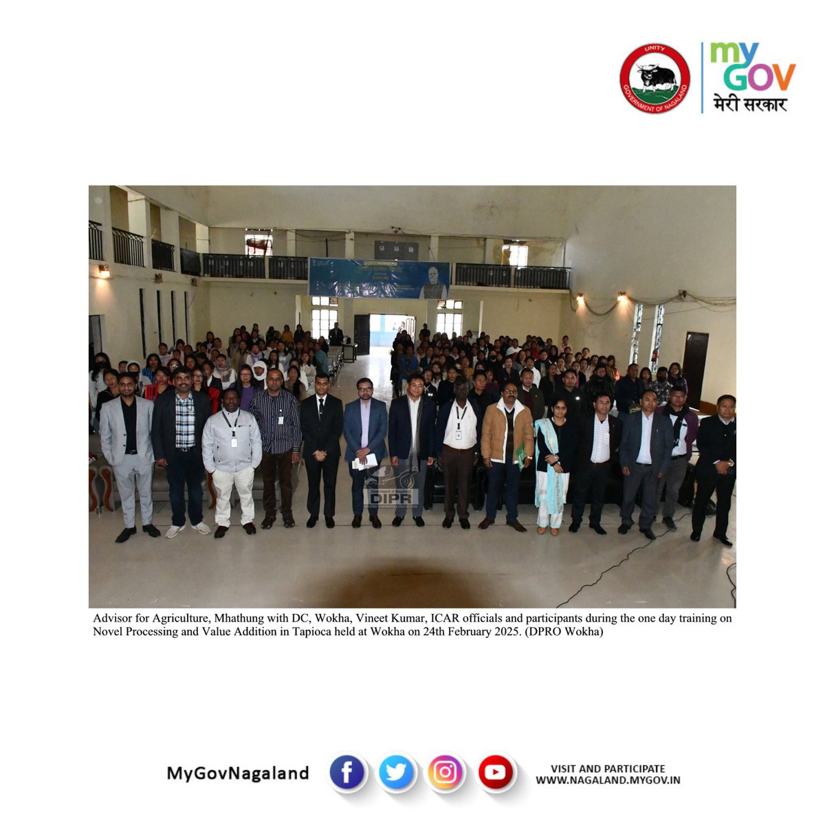 A one-day training programme on novel processing and value addition in Tapioca and “Ethnic Tuber crops Festival” was held on 24th February 2025 at Tiyi Hall, Wokha, with Advisor for Agriculture, Mhathung Yanthan as the special guest.
<a href="/MhaYanthan/">Mhathung Yanthan</a>
<a href="/dipr_nagaland/">DIPR Nagaland</a>