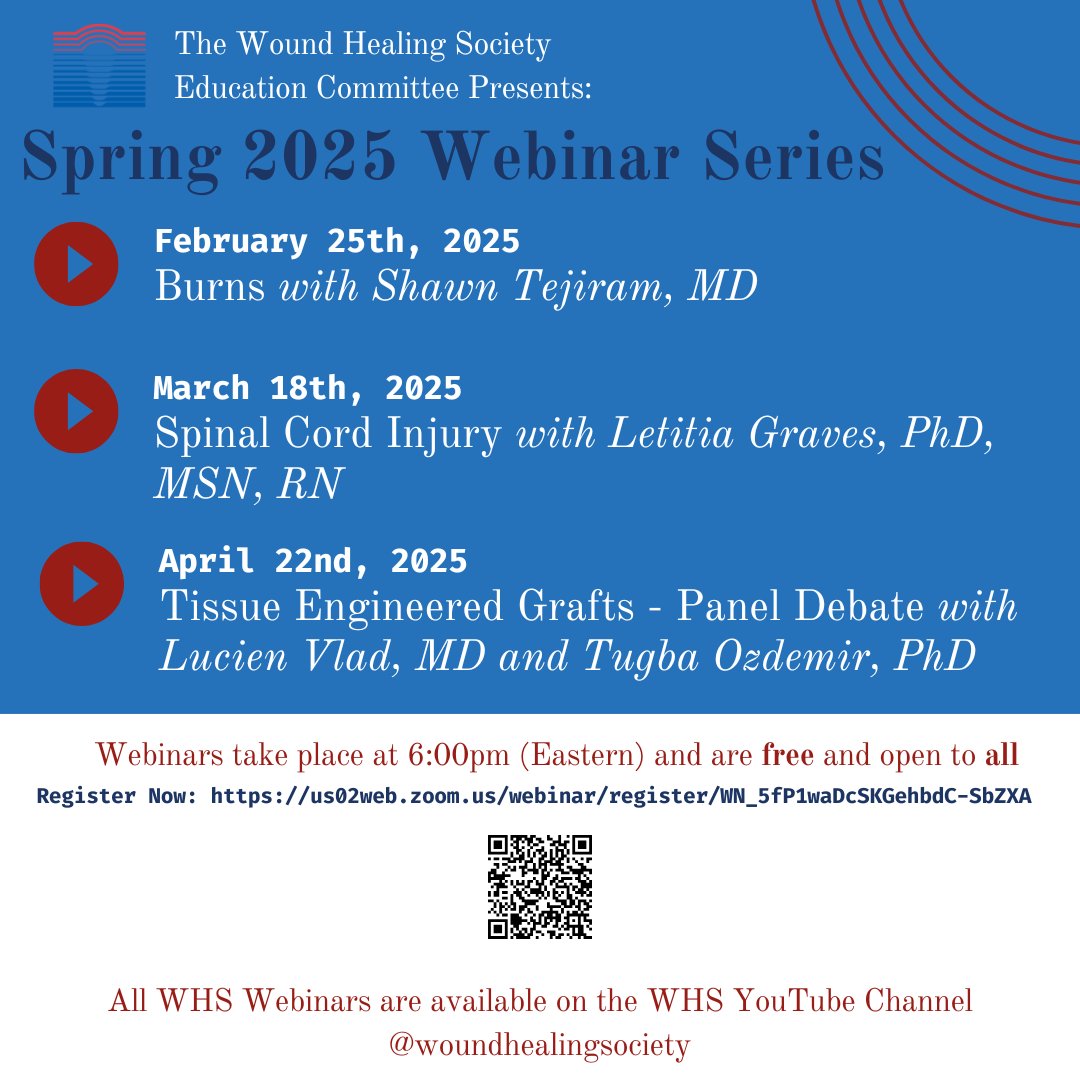 Join us tonight for the WHS Webinar on Burns with Dr. Shawn Tejiram. The webinar is free and open to all! 

Register now: us02web.zoom.us/webinar/regist…

#WHS #WoundHeal #WoundHealing #Research #Burns