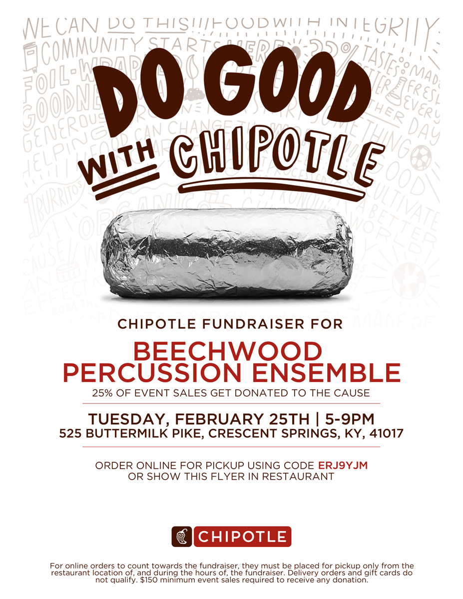 BeechwoodBands's tweet photo. What's For Dinner? Join us at the Chipotle at 525 Buttermilk Pike, Crescent Springs, KY 41017 from 5-9pm today! Order in person or online! If ordering in person tell them you are supporting Beechwood if ordering online please use the code ERJ9YJM.

#wearebeechwood https://t.co/42zj9L1Hgn