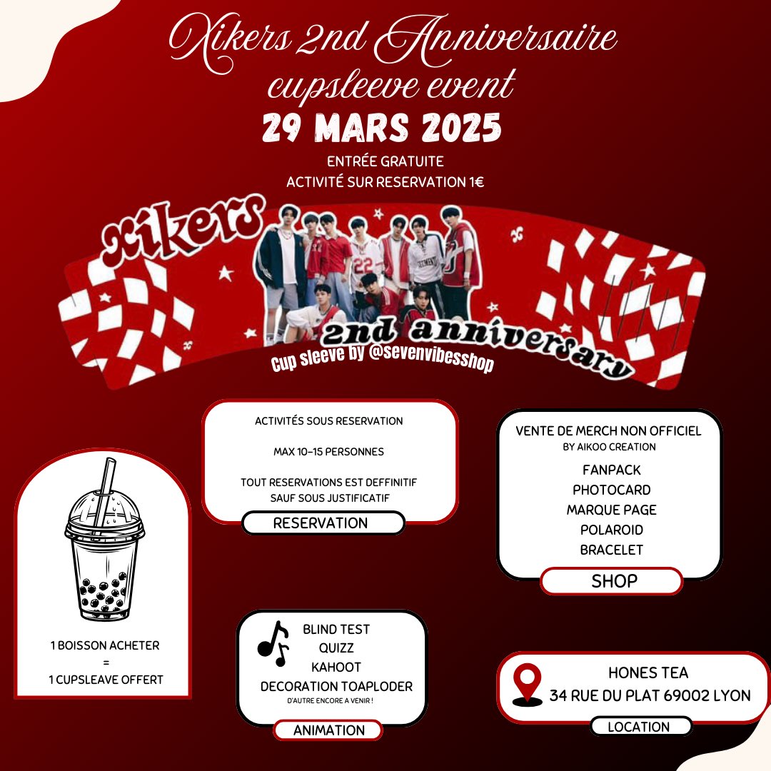 KPOPINLYON's tweet photo. {🎈} Événement 

Pour célébrer le deuxième anniversaire du groupe Xikers, nous avons décidé d’organiser un événement chez Hones’Tea pour célébrer leur anniversaire.

Retrouvez-nous le 29 mars 2025 à Hones’Tea https://t.co/HNBm9OuRse
